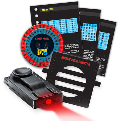 KidzLabs Spy Science kit with cipher wheel, morse code tools, and red LED decoder