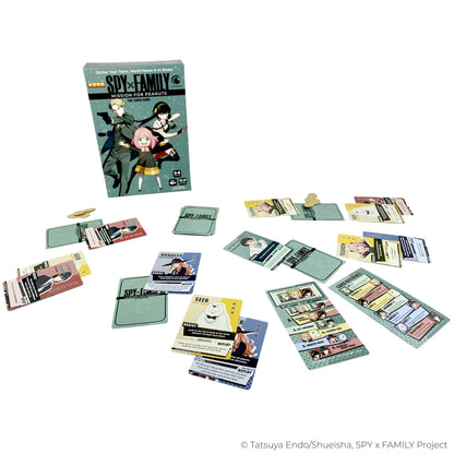Spy x Family Mission for Peanuts card game box and components including character cards, mission cards, and player bo...
