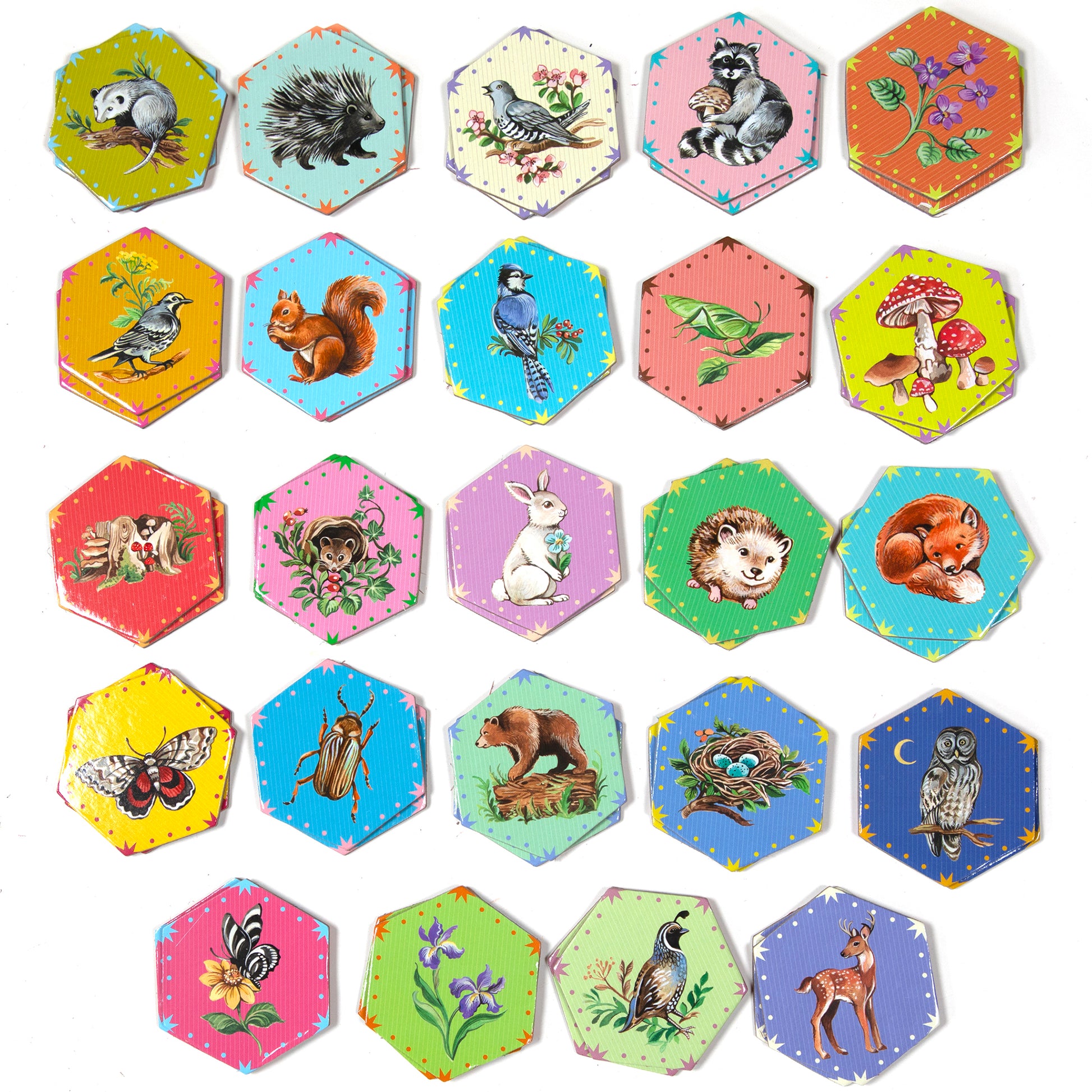 Memory & Matching Game: Life in a Meadow with 24 colorful hexagonal tiles featuring woodland animals and flowers