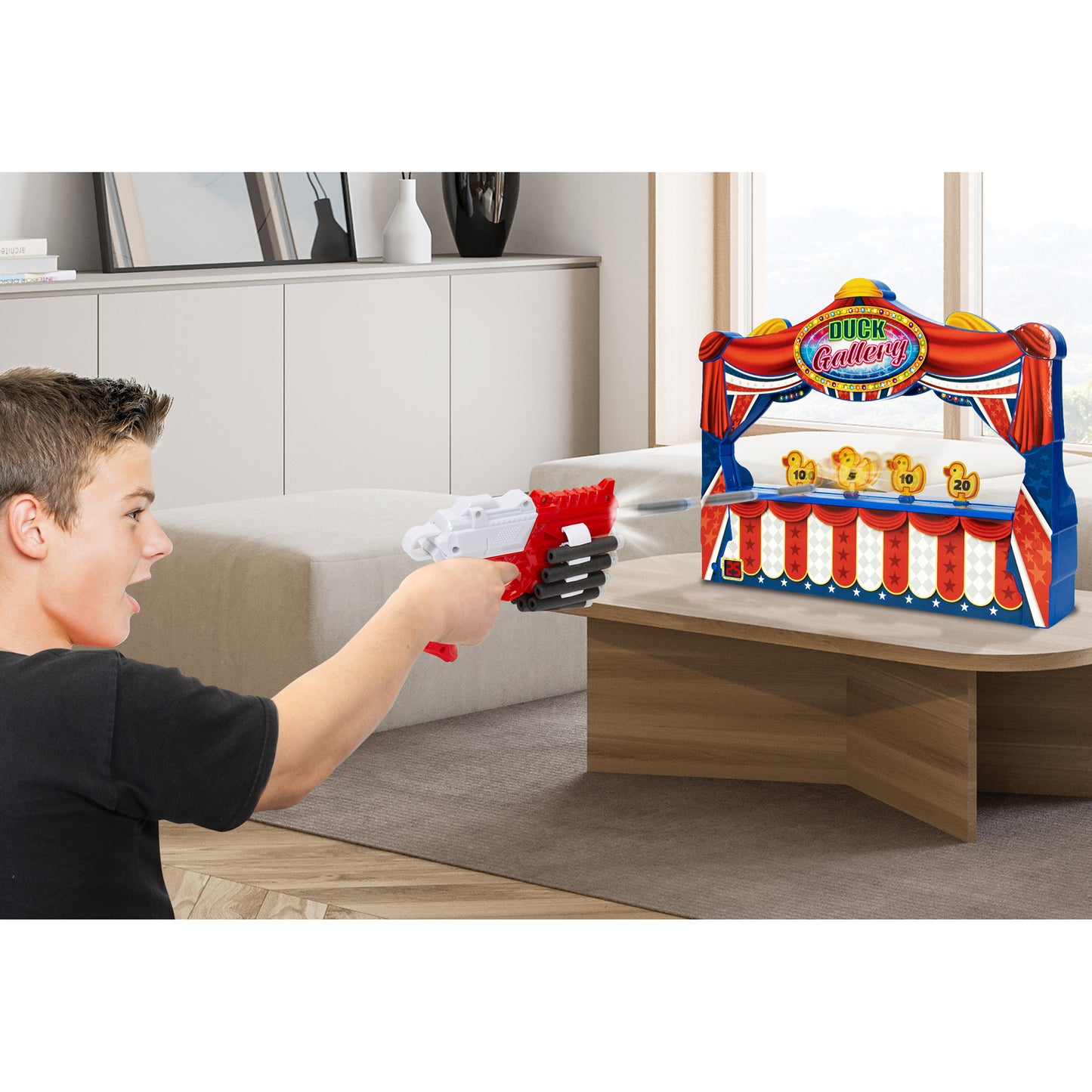 Duck Shooting Gallery electronic arcade toy with red, blue, and yellow targets