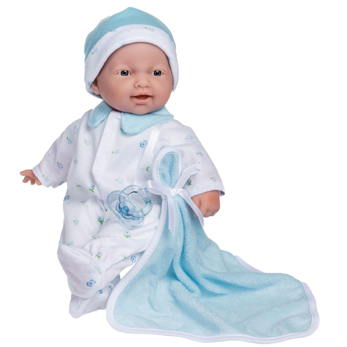 JC Toys La Baby 11 inch soft body doll with blue and white outfit, blanket and pacifier