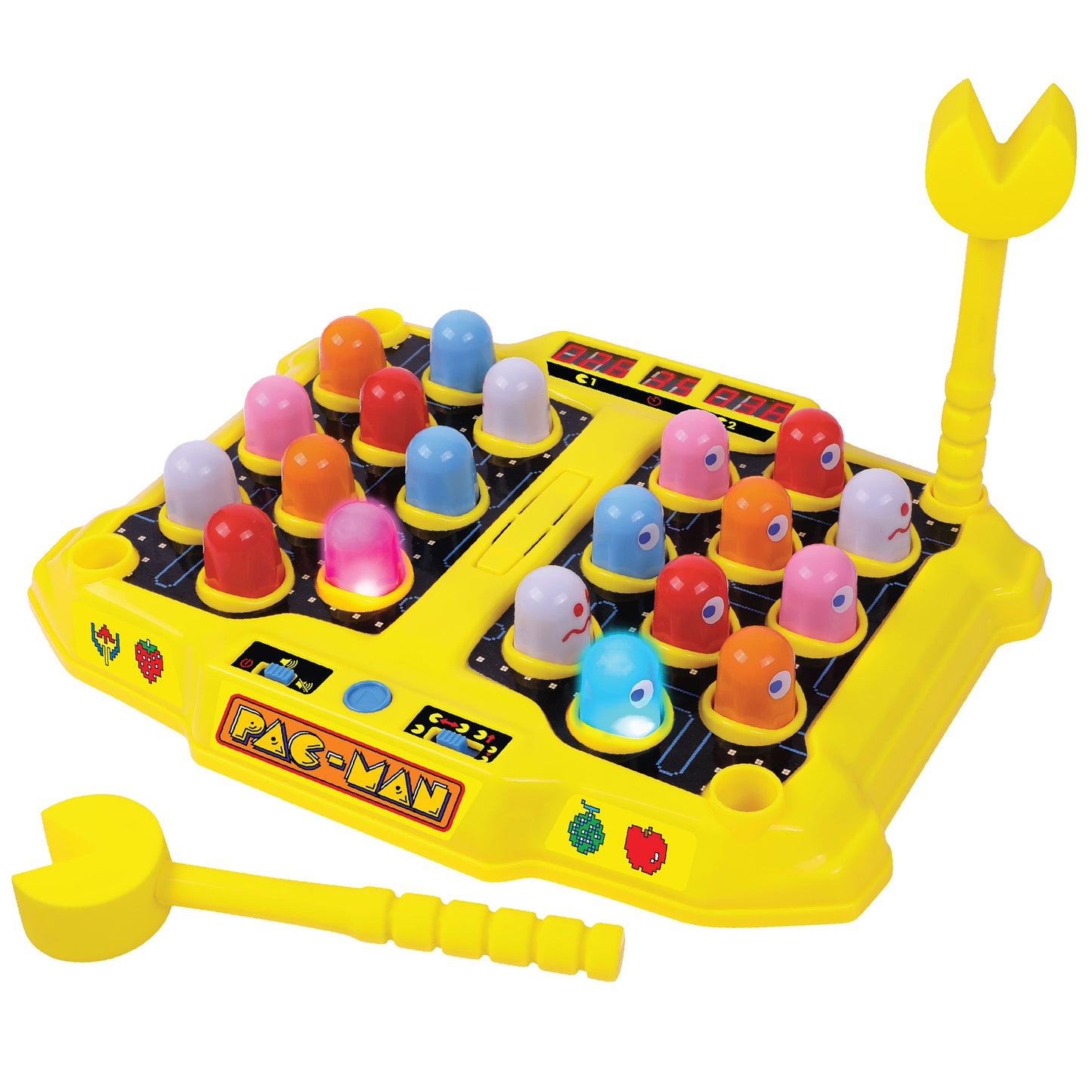 Pac-Man Arcade Smash-A-Ghost tabletop game with yellow base, colorful pop-up ghost targets, and yellow claw controller
