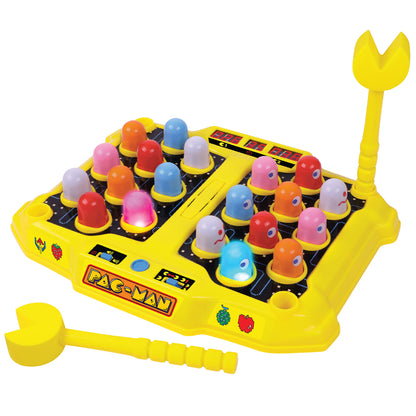 Pac-Man Arcade Smash-A-Ghost tabletop game with yellow base, colorful pop-up ghost targets, and yellow claw controller