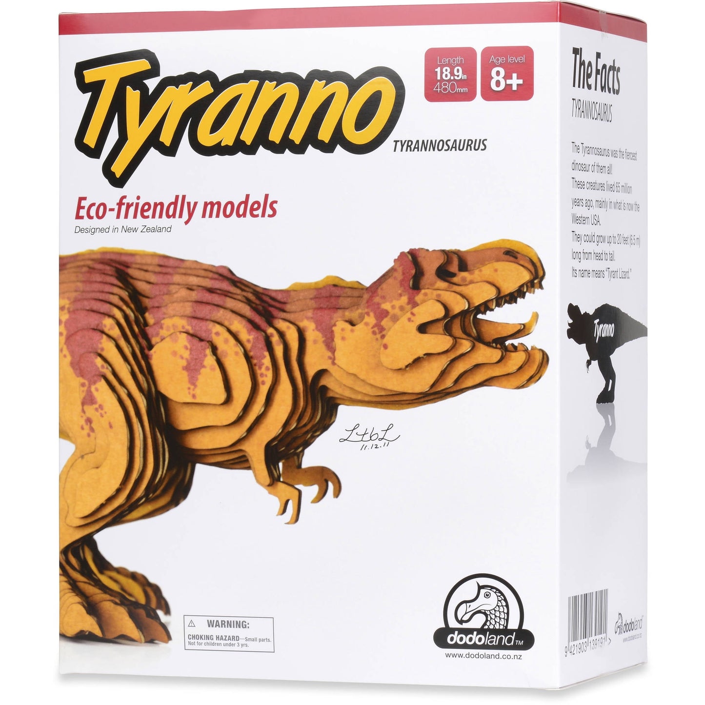 Tyranno Tyrannosaurus eco-friendly 3D model kit box featuring yellow and red dinosaur illustration, age 8+, 18.9 inches long