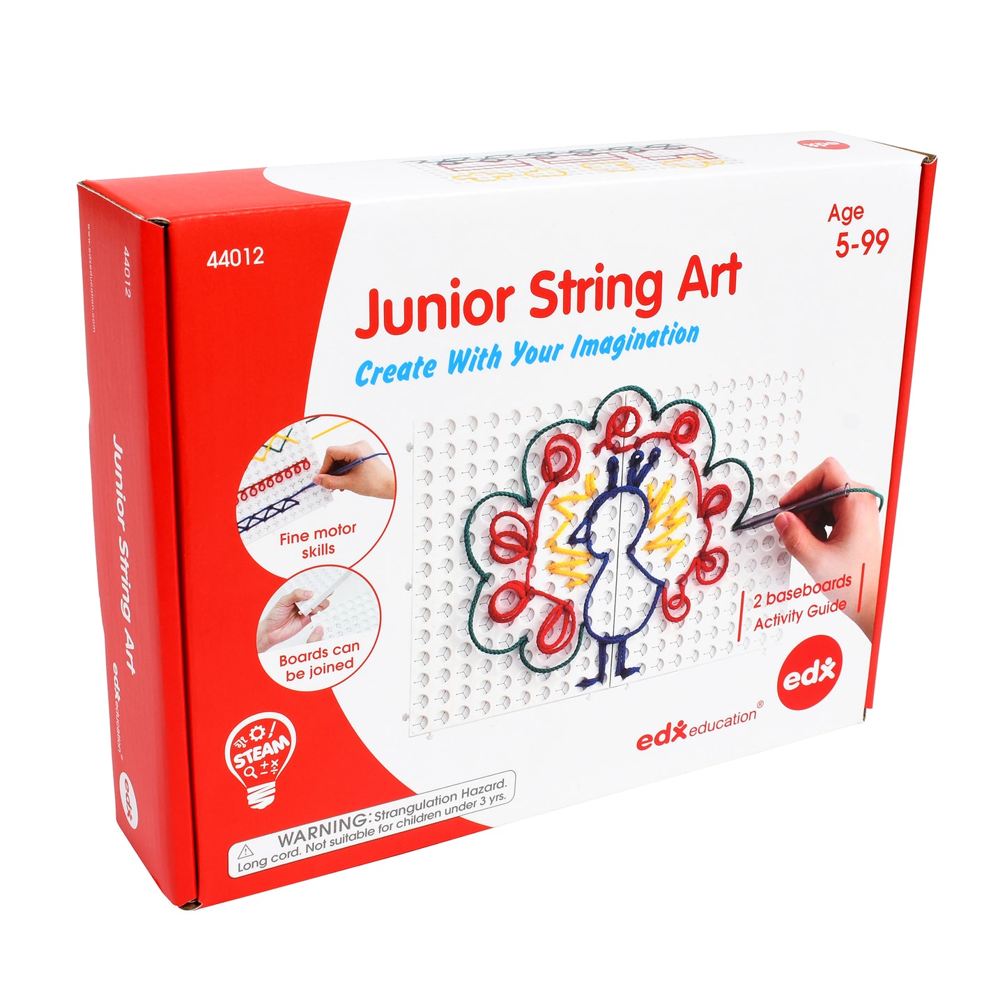 Junior String Art Creative Threading Kit box showing red packaging with product images of string art designs and two baseboards with activity guide