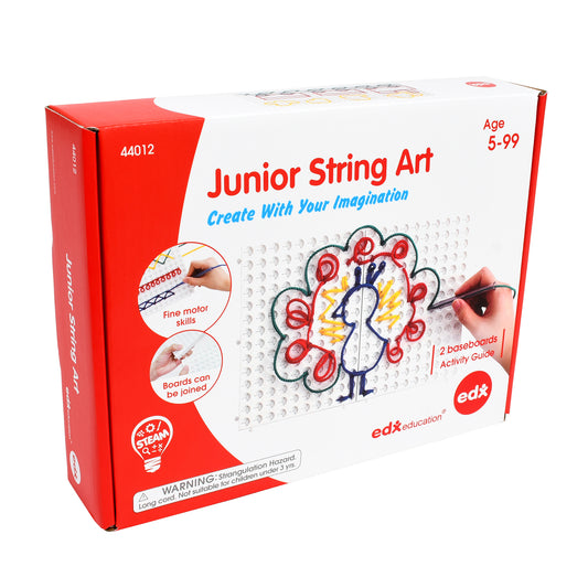 Junior String Art Creative Threading Kit box showing red packaging with product images of string art designs and two baseboards with activity guide