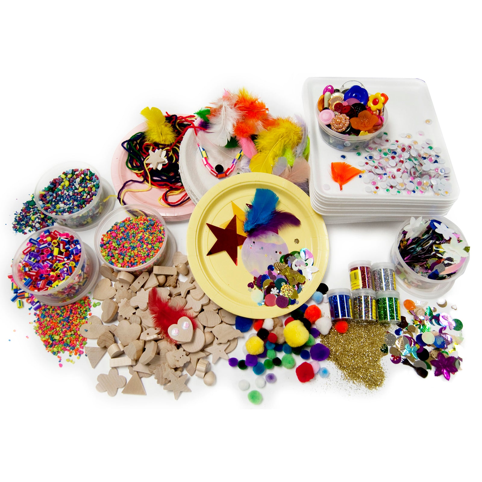 Hygloss Creative Collage Treasure Craft Box contents displayed: colorful beads, wooden shapes, feathers, pom-poms, googly eyes, glitter, sequins, ribbons, and c