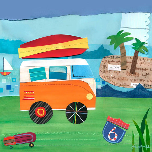Colorful paper collage illustration of a beach scene with an orange camper van, red surfboard, palm trees, sailboat, and 'surfs up' guitar on green grass with b