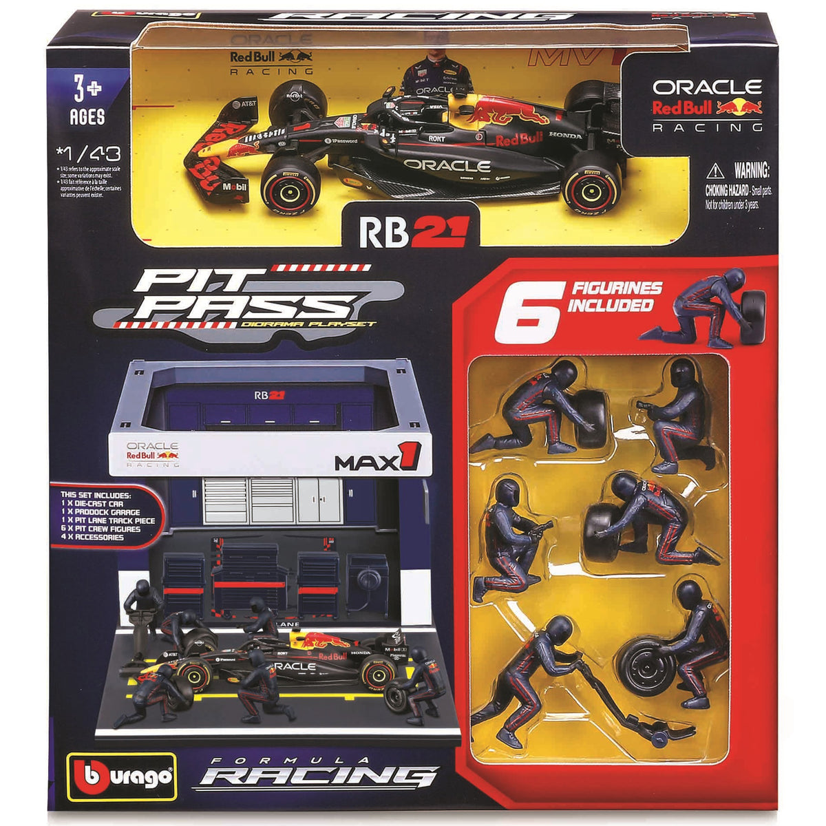 Bburago Red Bull RB21 Pit Pass Playset with 1:43 scale die-cast car, pit garage, and six crew figures in red and black