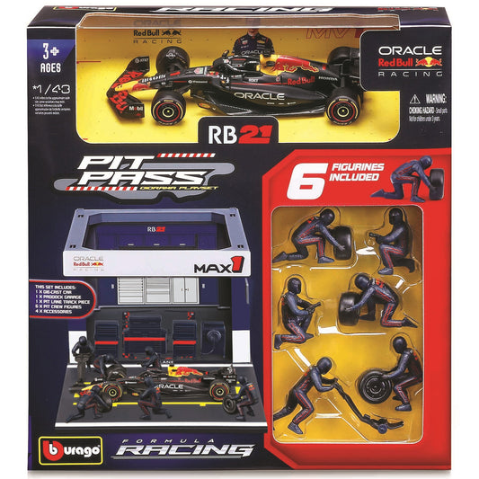 Bburago Red Bull RB21 Pit Pass Playset with 1:43 scale die-cast car, pit garage, and six crew figures in red and black