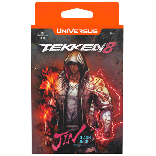 Tekken 8 UniVersus Jin Kazama Clash Deck card game package featuring character Jin in hooded jacket surrounded by fire and lightning effects on orange and red b