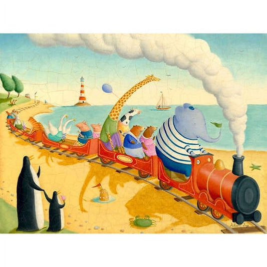 Whimsical illustrated beach scene with a red steam train carrying colorful animal passengers including a giraffe, accompanied by penguins on sand with lighthous