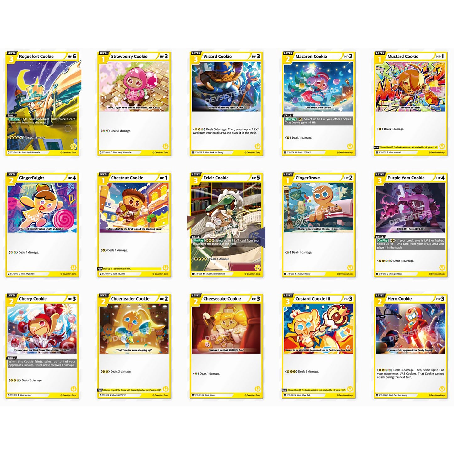 CookieRun Braverse Trading Card Game Starter Deck Yellow with 15 character cards displayed