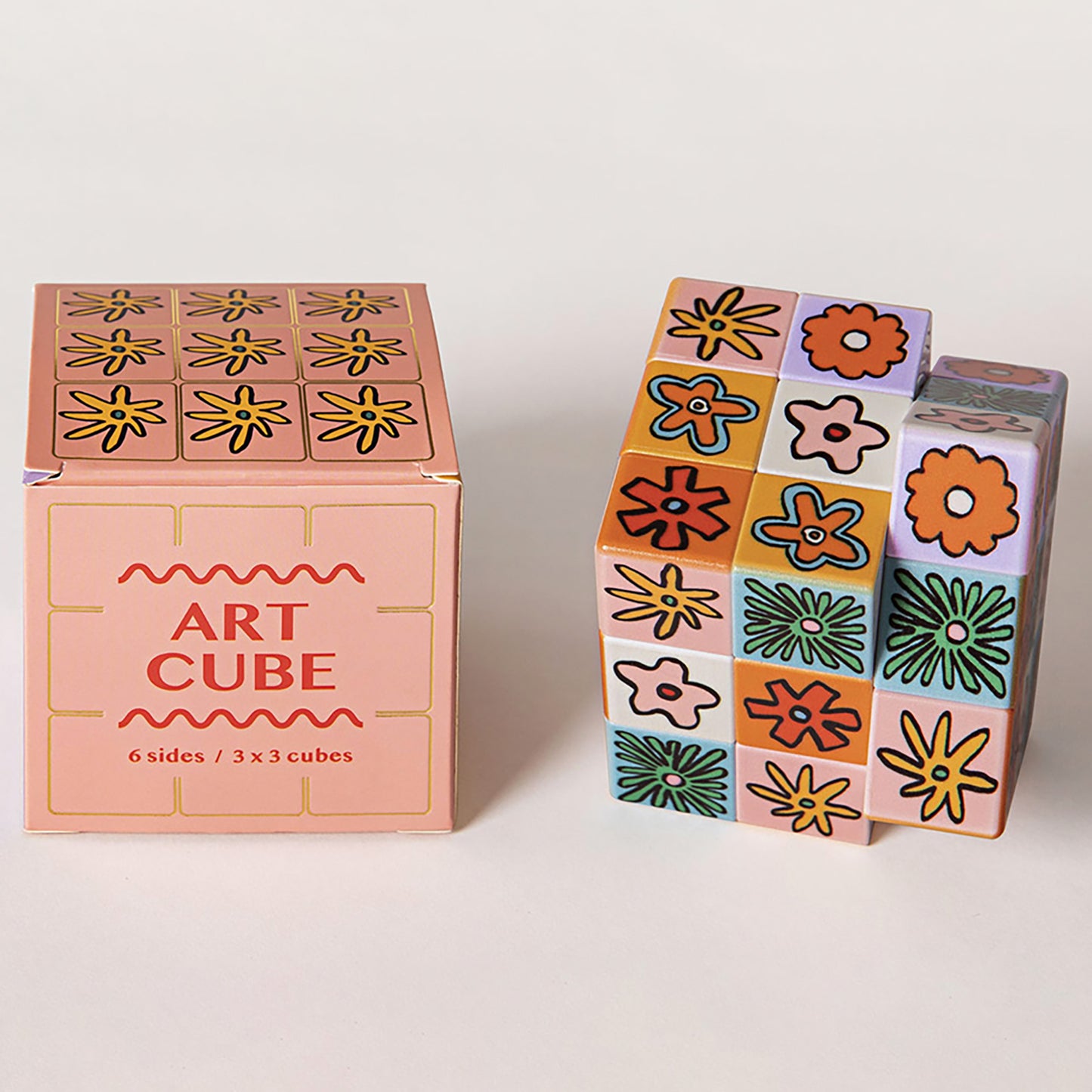 JOS Art Cube Flower Pop 3x3 wooden blocks with colorful flower designs and packaging