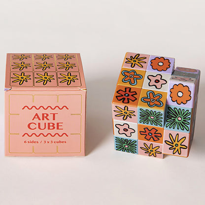 JOS Art Cube Flower Pop 3x3 wooden blocks with colorful flower designs and packaging