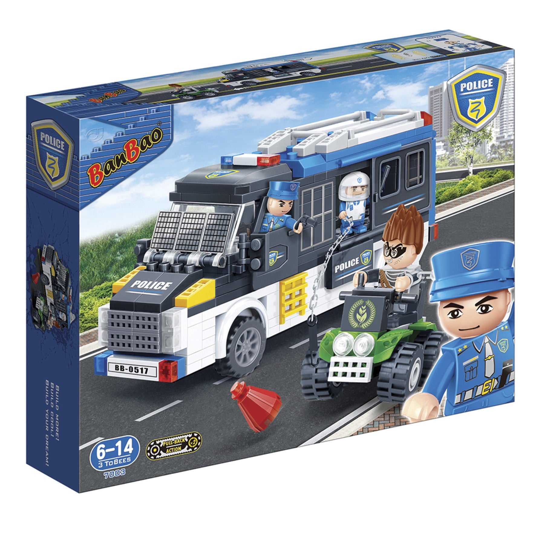 Banbao Police Van Building Set with 325 pieces, includes police van, officer minifigures, and green vehicle, ages 6-14