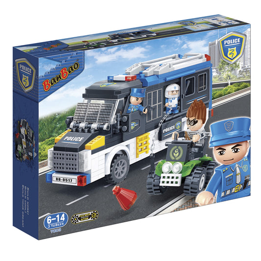 Banbao Police Van Building Set with 325 pieces, includes police van, officer minifigures, and green vehicle, ages 6-14