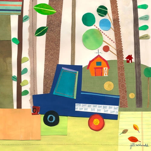 Illustrated canvas art showing a blue truck on a yellow road with trees, a house, and colorful circles in a landscape scene