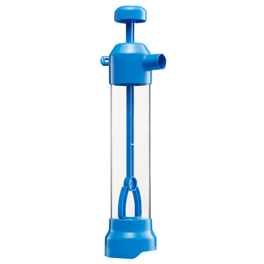 Blue water pump toy with clear plastic reservoir, trigger handle, and spout for water play and STEAM learning