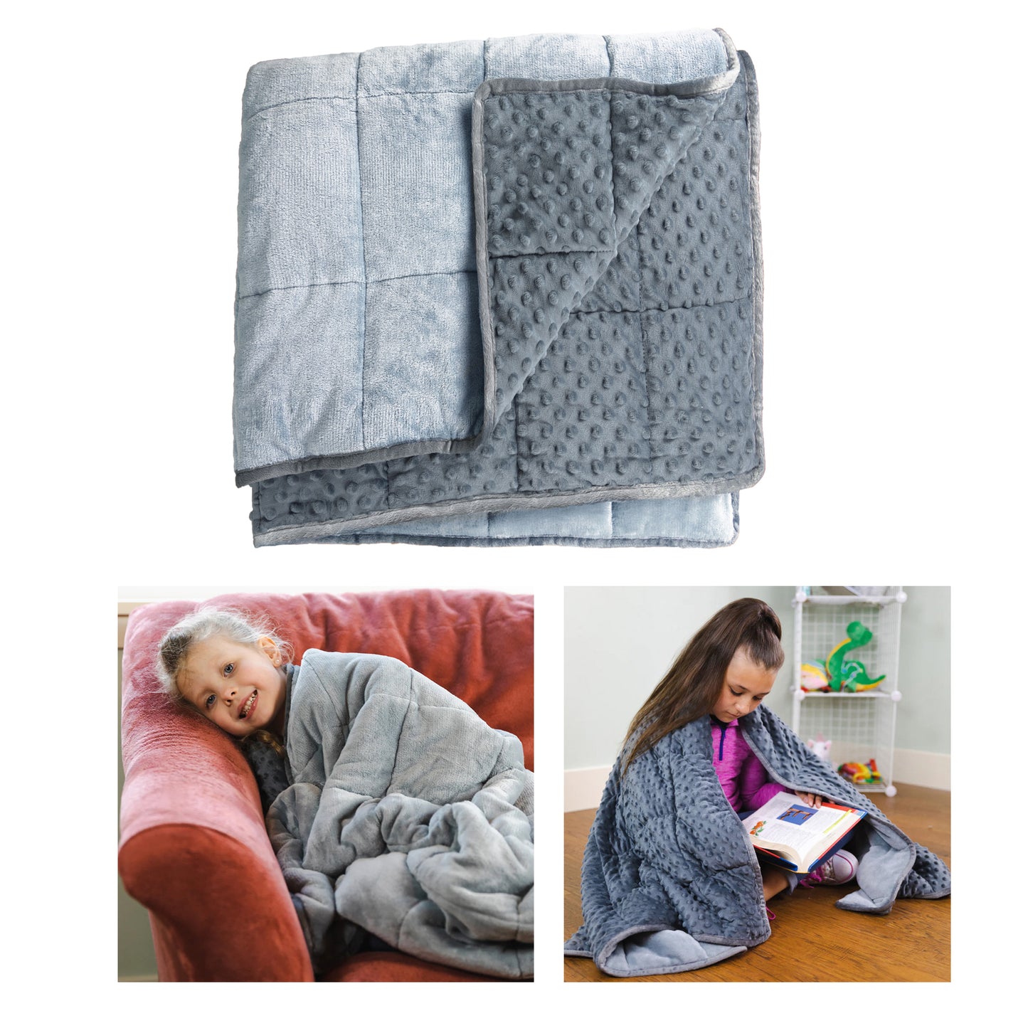 Gray weighted shoulder wrap with dual texture—smooth knit on one side, textured minky dot fabric on the other, shown folded at top and modeled by children using