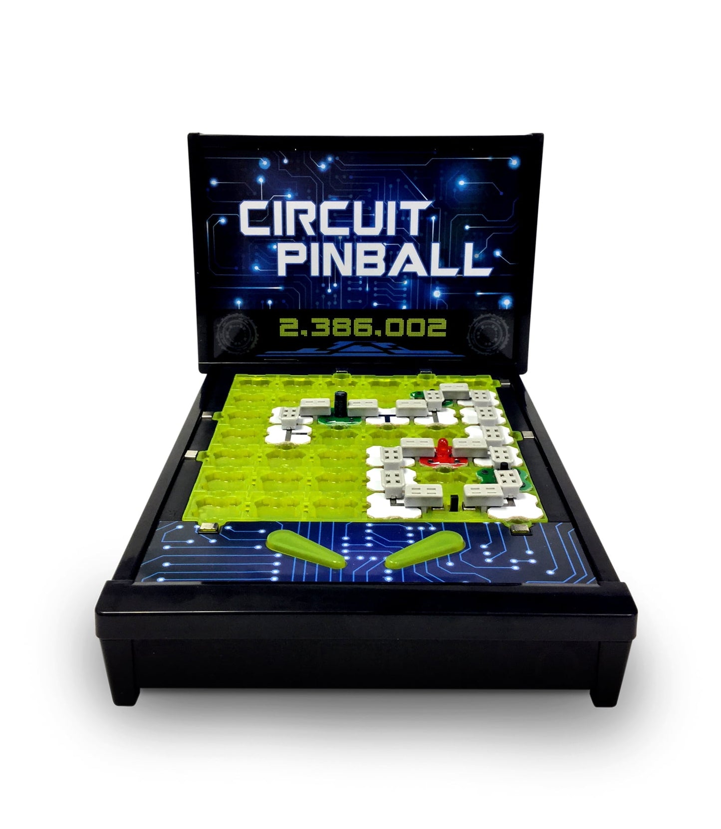 Circuit Pinball electronic game with black frame, neon-green play field, white bumpers, red and black flippers, and illuminated circuit board display showing sc