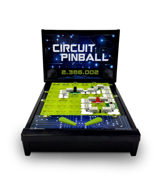 Circuit Pinball electronic game with black frame, neon-green play field, white bumpers, red and black flippers, and illuminated circuit board display showing sc