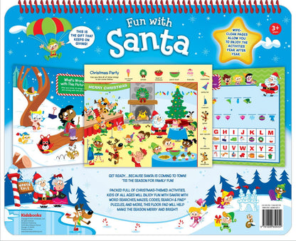 Fun with Santa activity pad cover featuring Christmas-themed games, mazes, word searches, and wipe-clean pages with Santa, elves, and holiday party scenes
