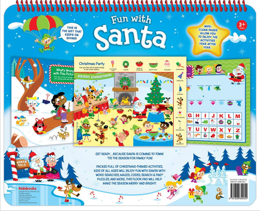 Fun with Santa activity pad cover featuring Christmas-themed games, mazes, word searches, and wipe-clean pages with Santa, elves, and holiday party scenes