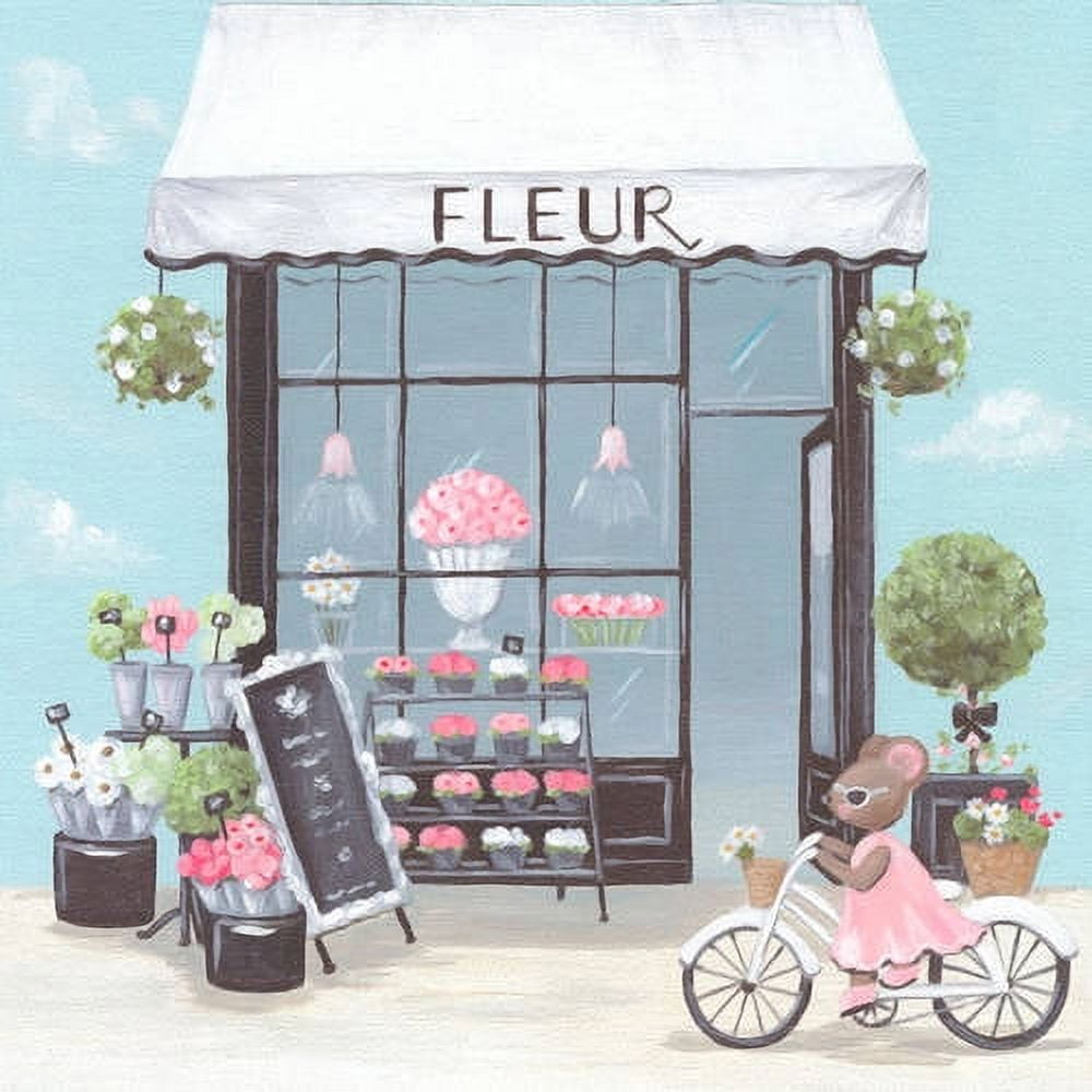 Illustrated storefront with white awning labeled FLEUR, displaying pink flowers in window, with rabbit character on pink bicycle and potted flowers outside