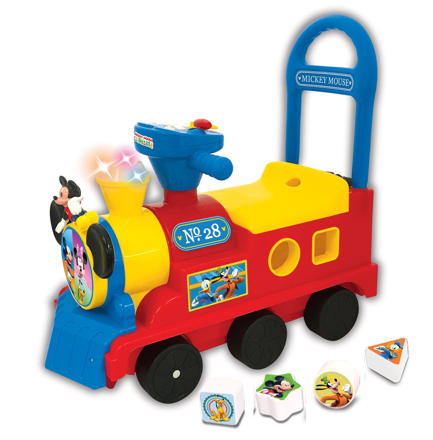 Mickey Mouse Clubhouse red and yellow ride-on train with blue engine, light-up smokestack, handle, and included activity cards