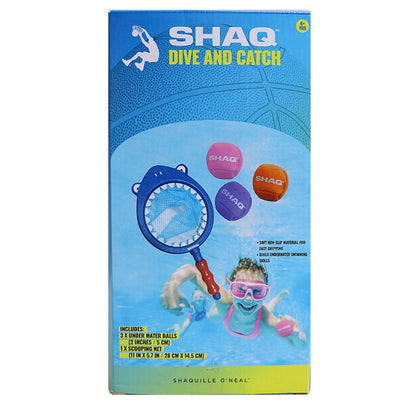 SHAQ Dive and Catch Underwater Adventure Set box showing blue diving net with red handle, three colorful underwater balls, and child modeled wearing pink goggle
