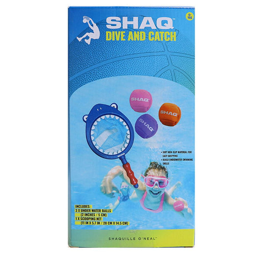 SHAQ Dive and Catch Underwater Adventure Set box showing blue diving net with red handle, three colorful underwater balls, and child modeled wearing pink goggle