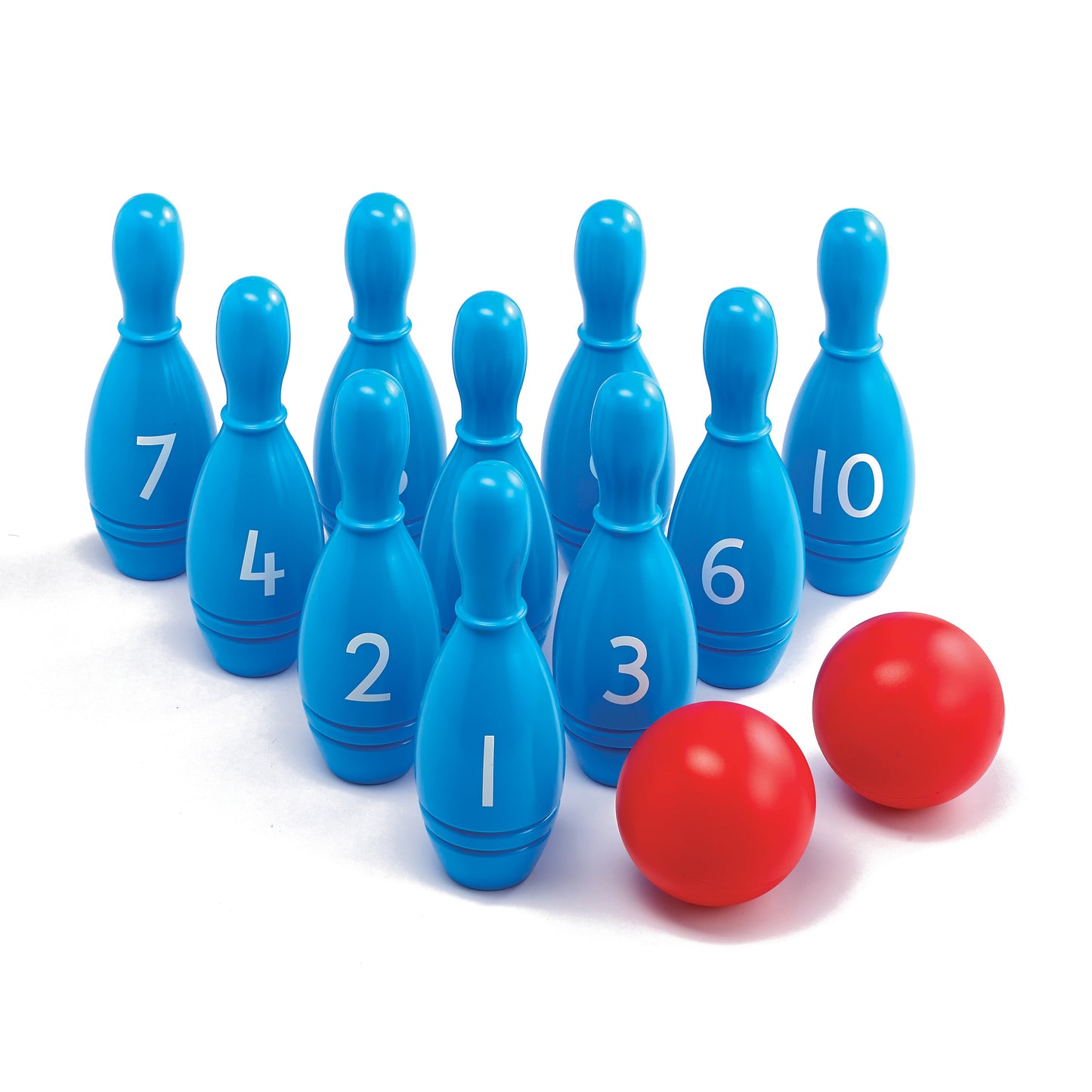 Ten blue numbered bowling pins numbered 1-10 and two red bowling balls arranged on white background