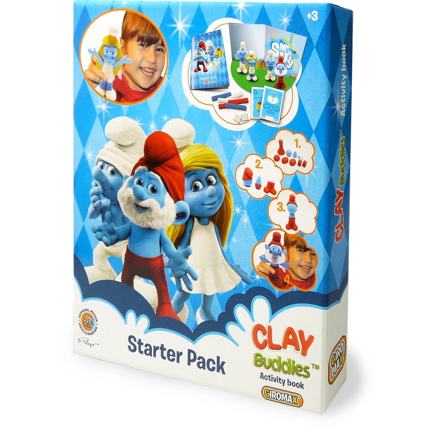 Smurfs 2 Clay Buddies Starter Pack box featuring Papa Smurf, Smurfette, and other Smurf characters with modeling clay and activity book included