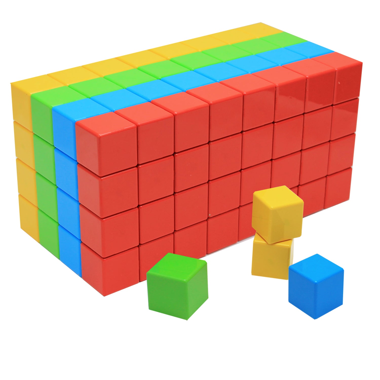 Colorful magnetic building blocks arranged in a large structure with yellow, green, blue, and red cube pieces, three individual blocks shown separately in front