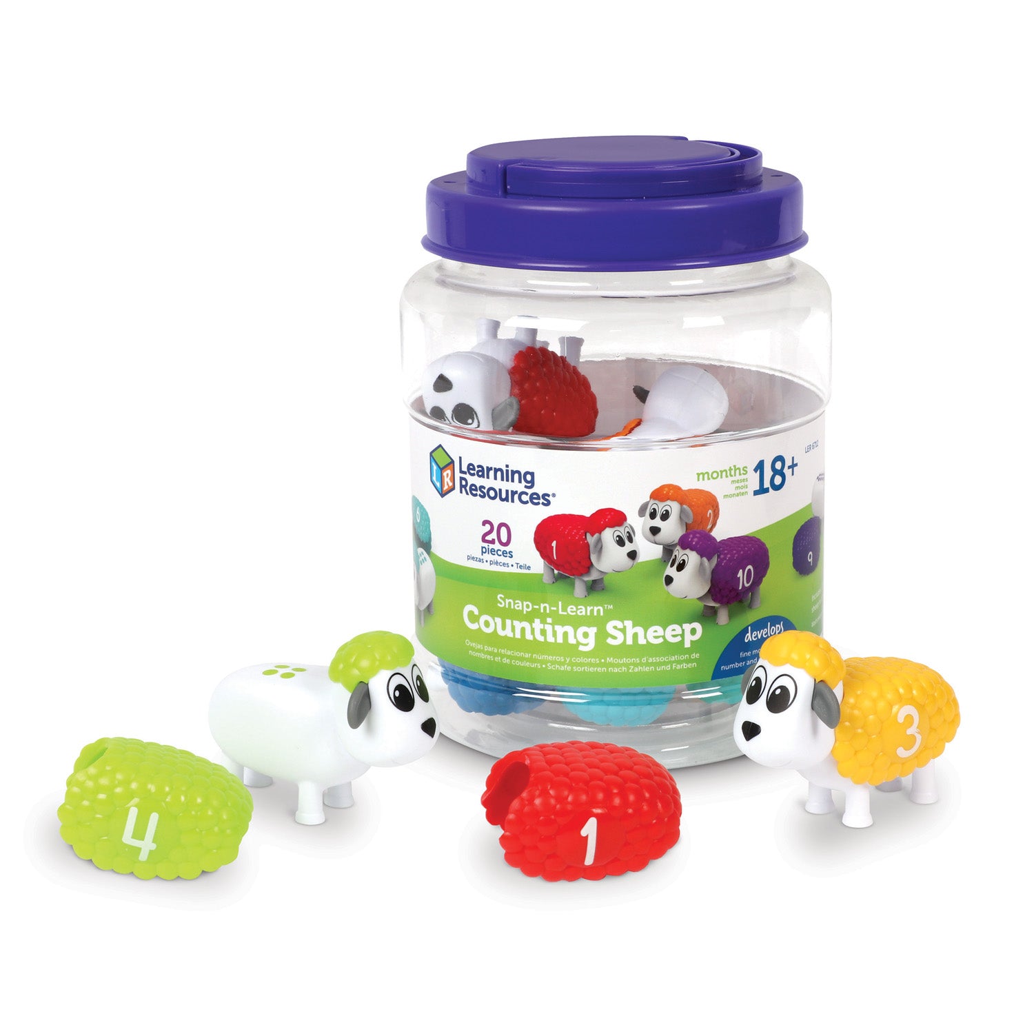 Learning Resources Snap-n-Learn Counting Sheep with purple lid container, colorful numbered sheep toys (1-4 visible), and textured number discs; 20 pieces for a