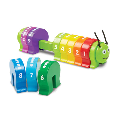 Colorful wooden caterpillar toy with numbered segments 1-10 in rainbow colors, includes separate blue and green numbered rings, on plain background