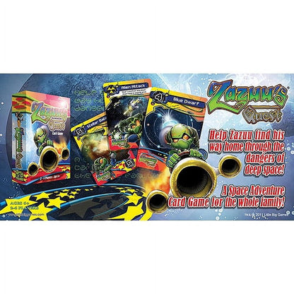 Zazuus Quest card game packaging and product cards displayed on space-themed background with yellow stars and alien characters