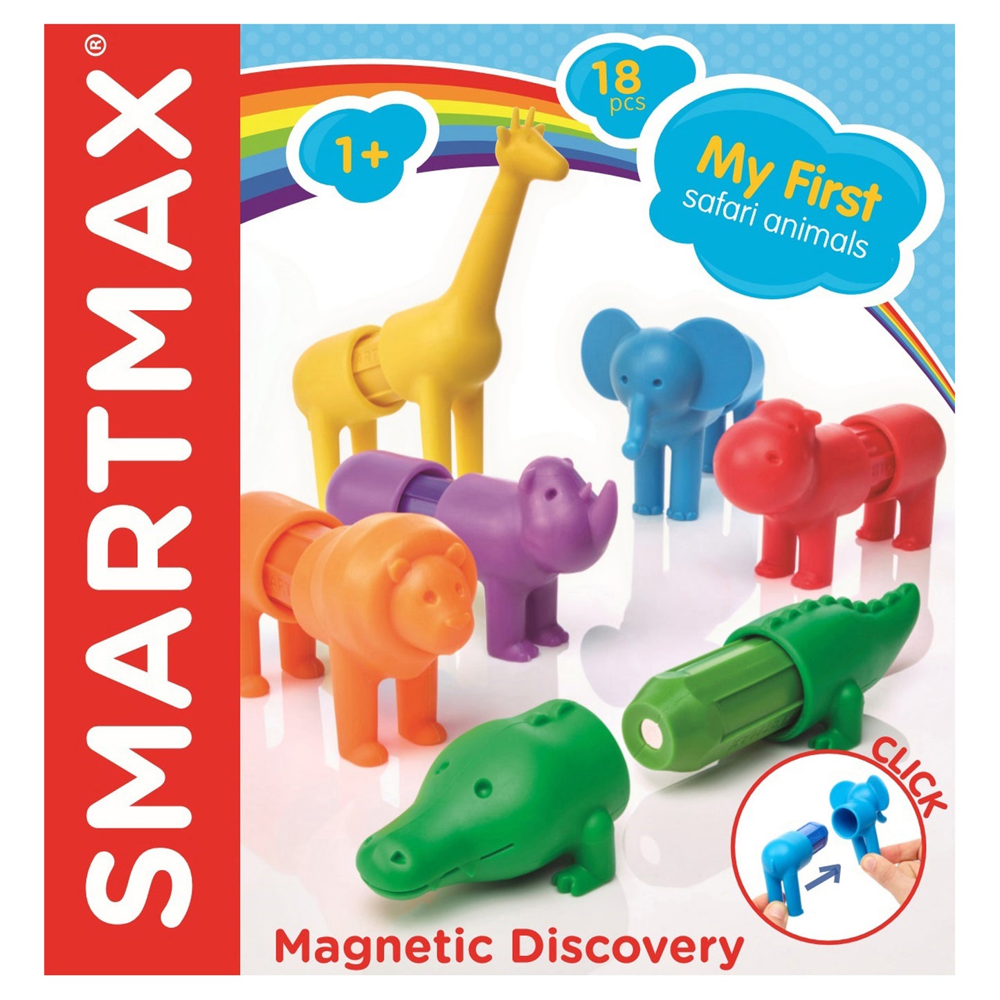 SmartMax My First Safari Animals magnetic discovery set with colorful animal figures including giraffe, elephant, hippo, crocodile, and lion on plain background