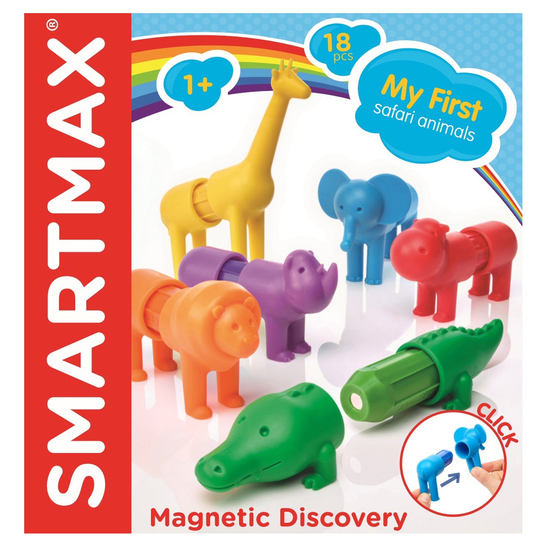 SmartMax My First Safari Animals magnetic discovery set with colorful animal figures including giraffe, elephant, hippo, crocodile, and lion on plain background
