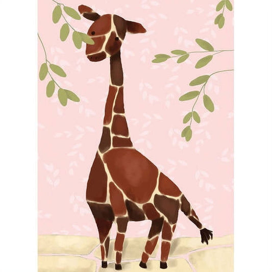 Illustrated giraffe with brown and cream patterned coat reaching up to eat green leaves against pink sky and sandy ground