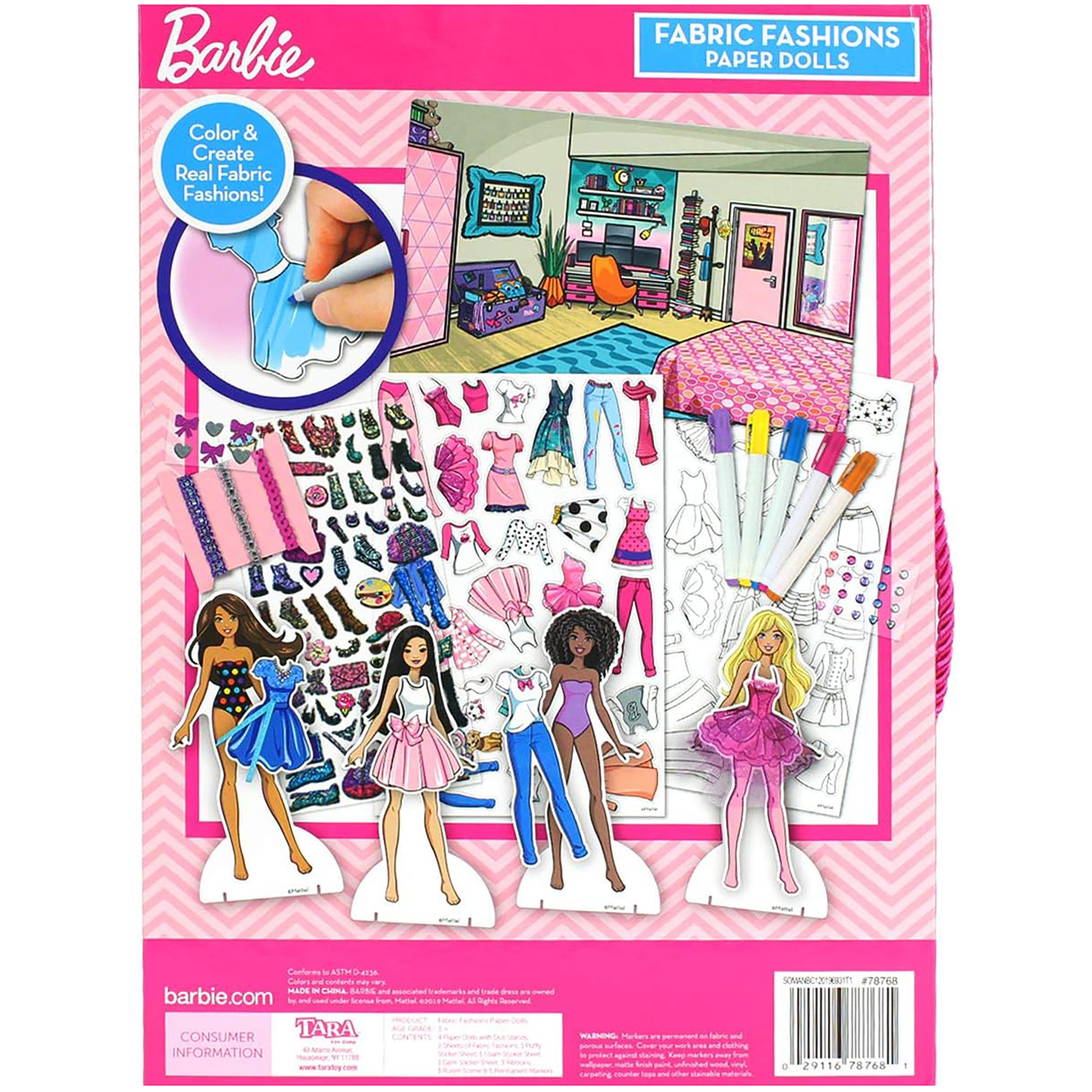 Barbie Fabric Fashions Paper Dolls with colorable outfits and markers