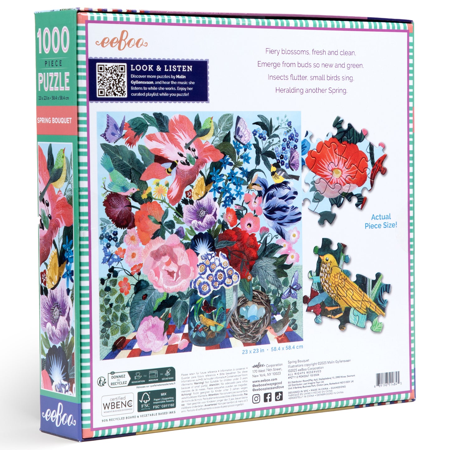 eeBoo Spring Bouquet 1000-piece jigsaw puzzle box showing colorful floral illustration with birds, includes QR code for music playlist