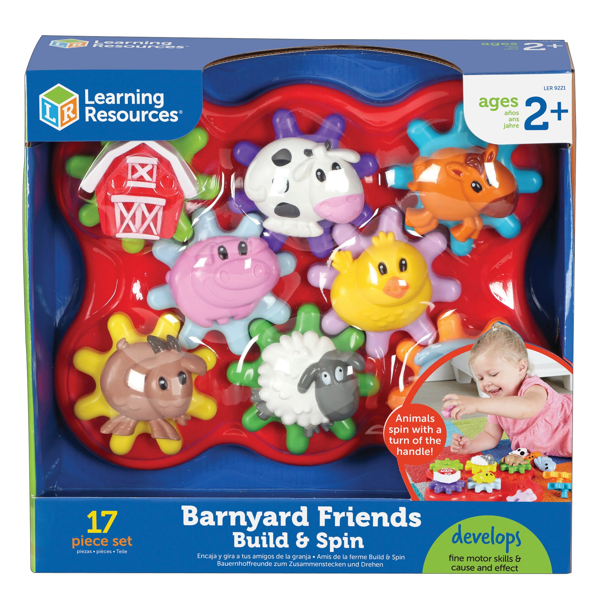 Learning Resources Barnyard Friends Build & Spin playset with colorful farm animal gears including cow, pig, chicken, sheep, and horse on red spinning base, age