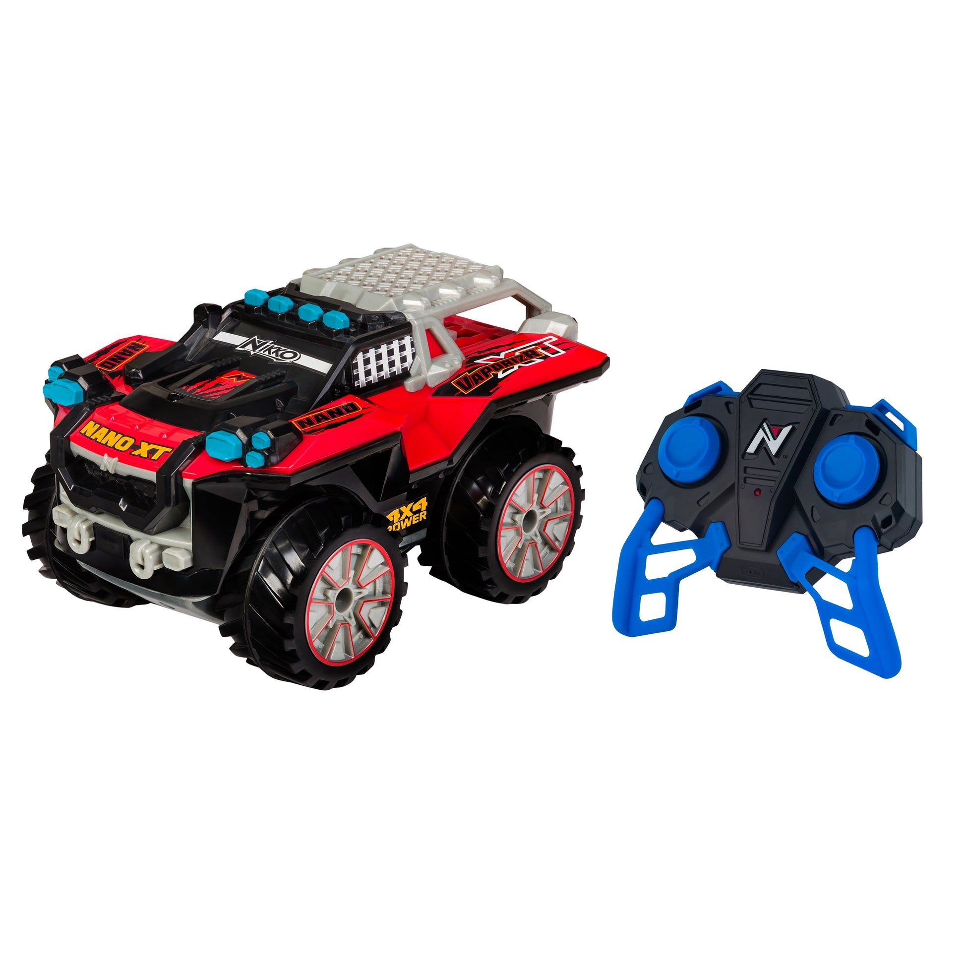 Nikko Nano VaporizR XT red and black amphibious RC vehicle with cyan blue accents and matching blue remote control