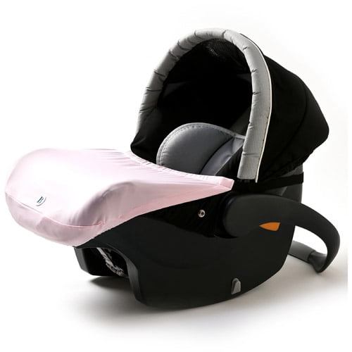 Pink sunshade attached to black infant car seat with gray and white hood, shown on plain white background