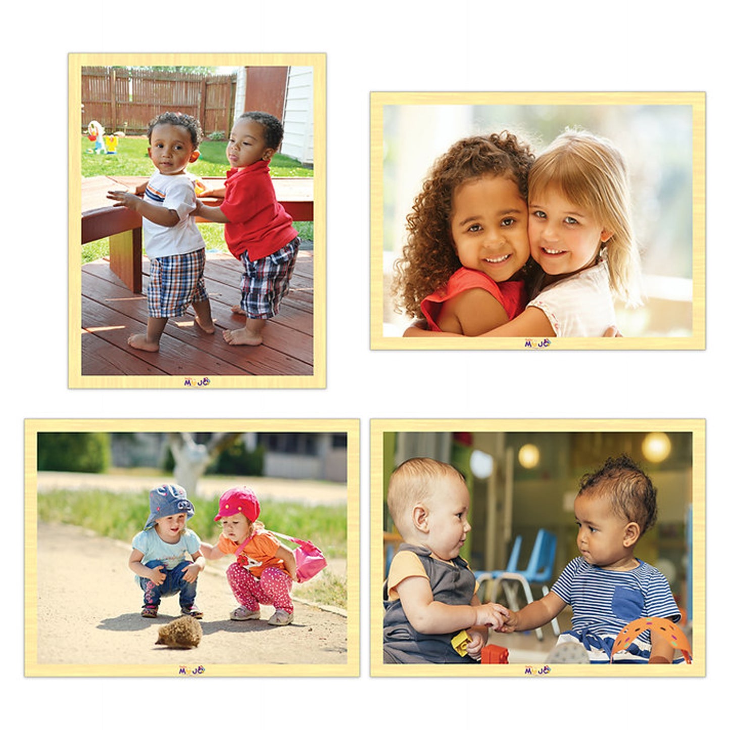 Four wooden puzzle boxes with yellow frames showing photos of children playing together outdoors and indoors
