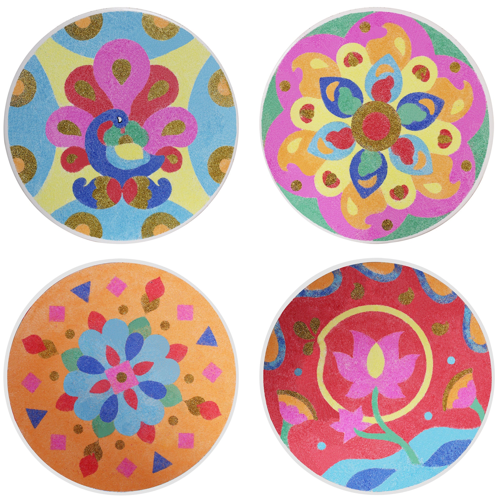 Make Your Own Rangoli Mandala Sand Art Kit with four colorful finished examples featuring vibrant patterns