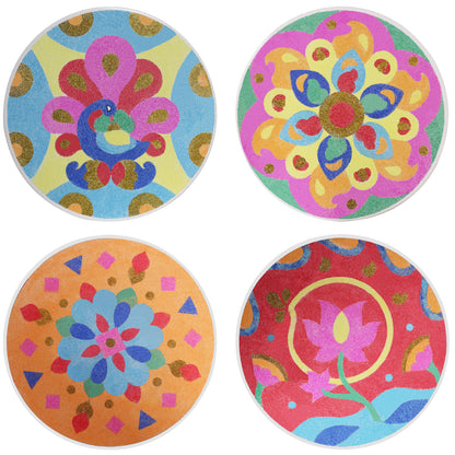 Make Your Own Rangoli Mandala Sand Art Kit with four colorful finished examples featuring vibrant patterns