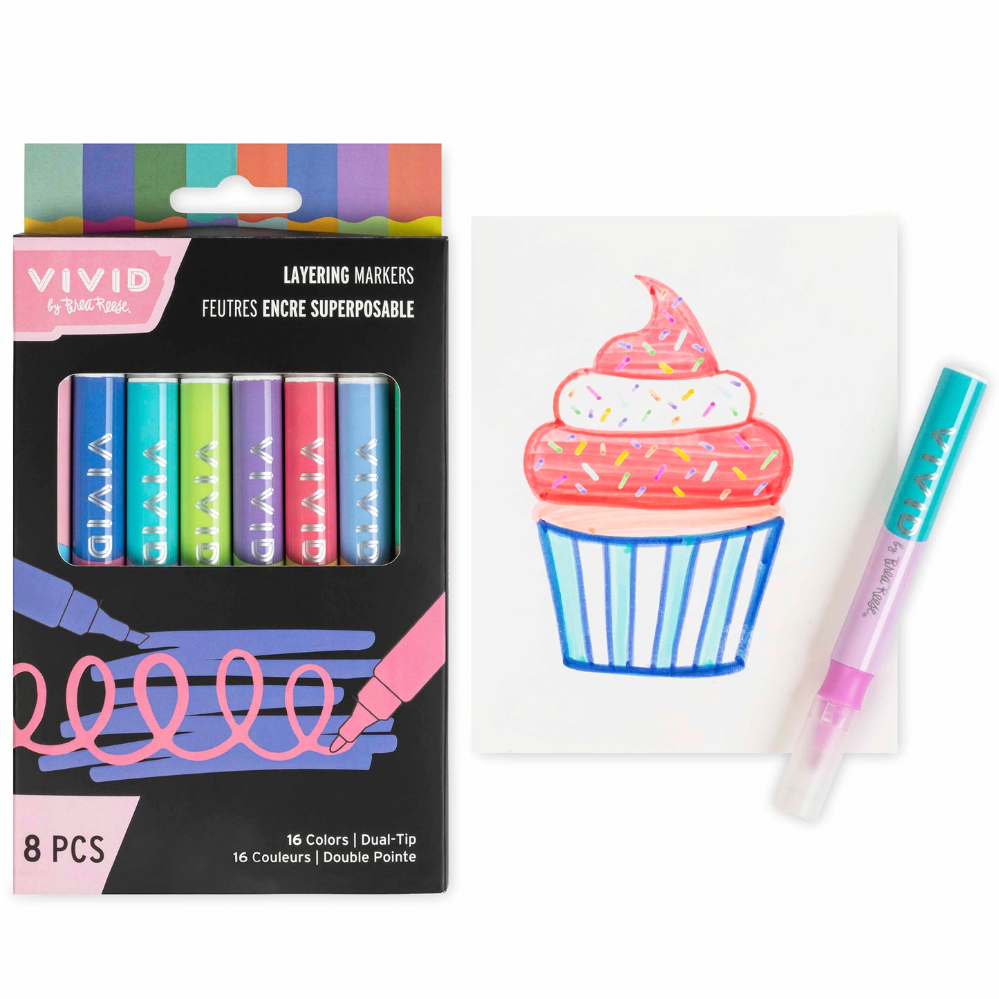 VIVID Layering Markers 8-piece set with dual-tip pens and colorful cupcake artwork